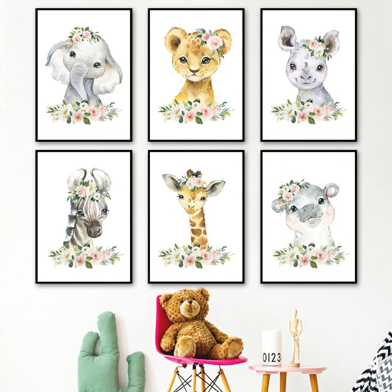 Baby Nursery Pictures - Blumen-Dschungeltiere Leinwanddrucke Kinderzimmer-Dekoration Elefant Giraffe Gemälde