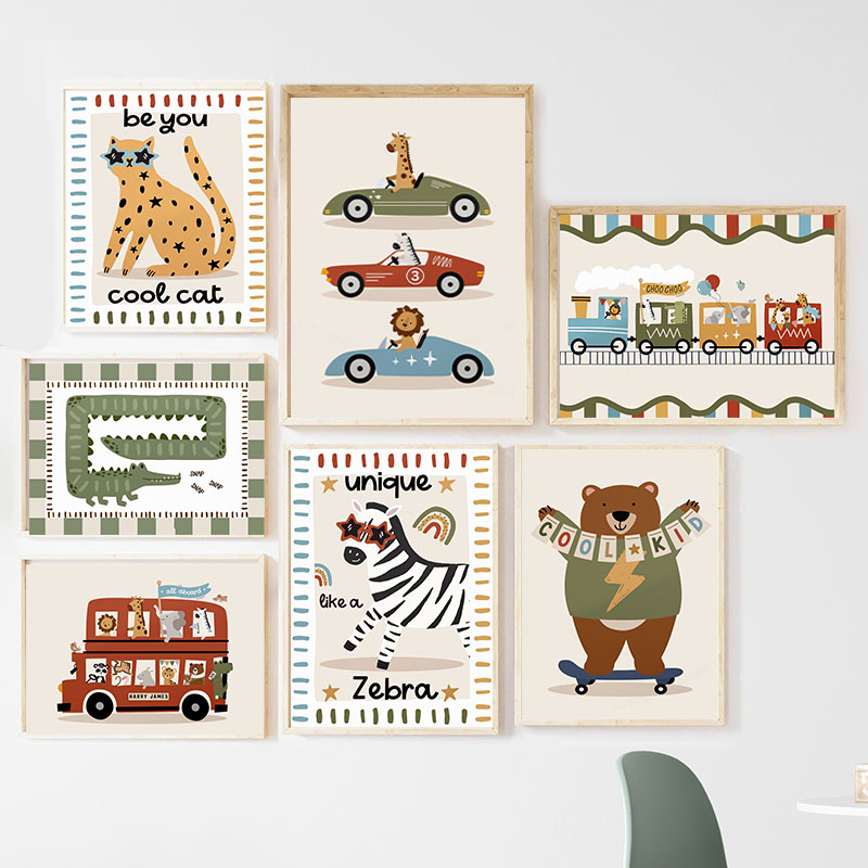 Baby Nursery Art - Lustige Cartoon-Tiere Auto Bus Kinderzimmer Wandkunst