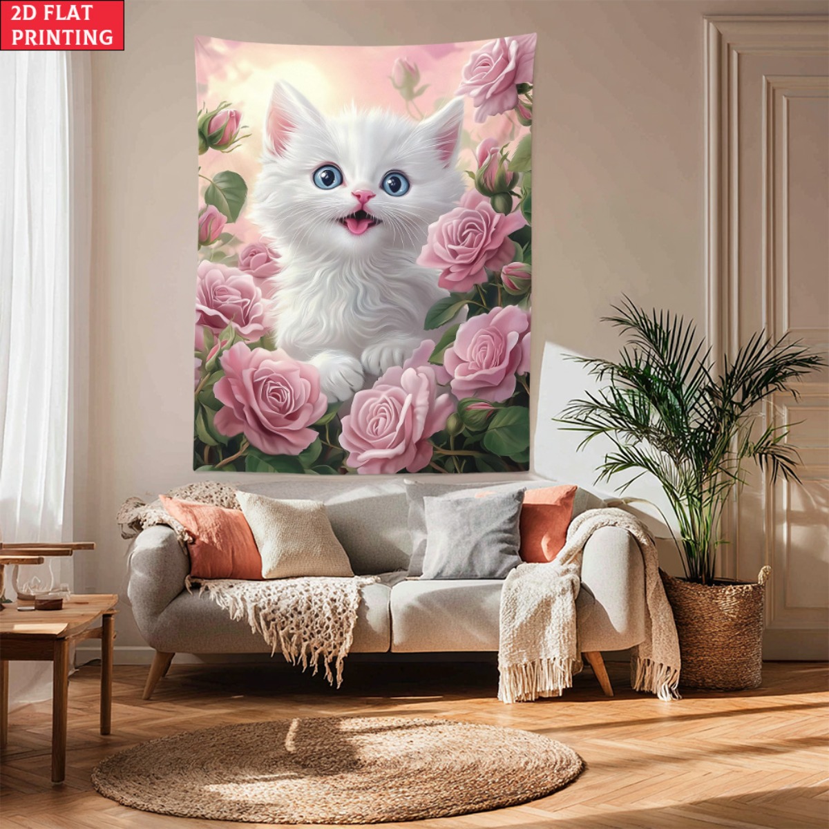 Baby Nursery Colors - Niedlicher weißer Kätzchen-Rosen-Garten-Wandteppich, florale Katze, Kunst,