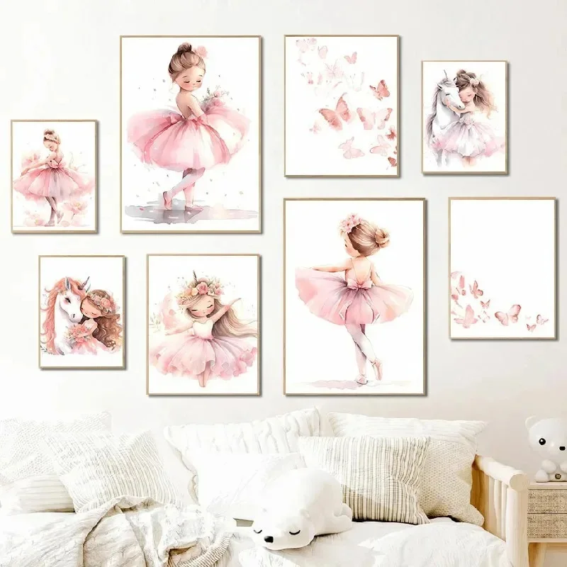 Baby Nursery Art - Rosa Ballerina Mädchen Einhorn Schmetterling Poster