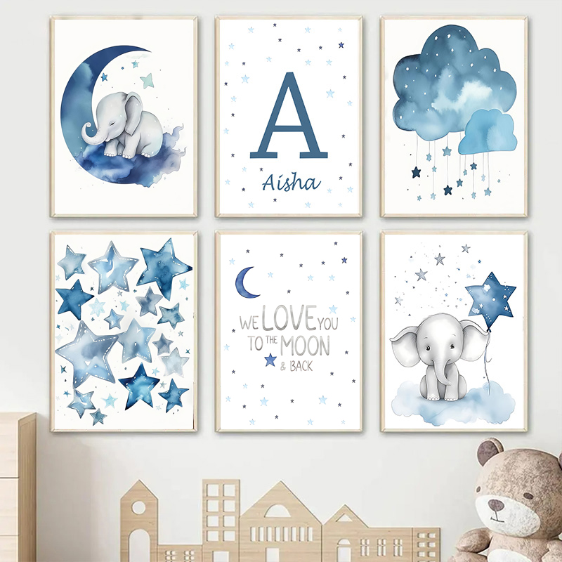 Baby Nursery Images - Blauer Mond und Sterne, Baby-Name, individuelles