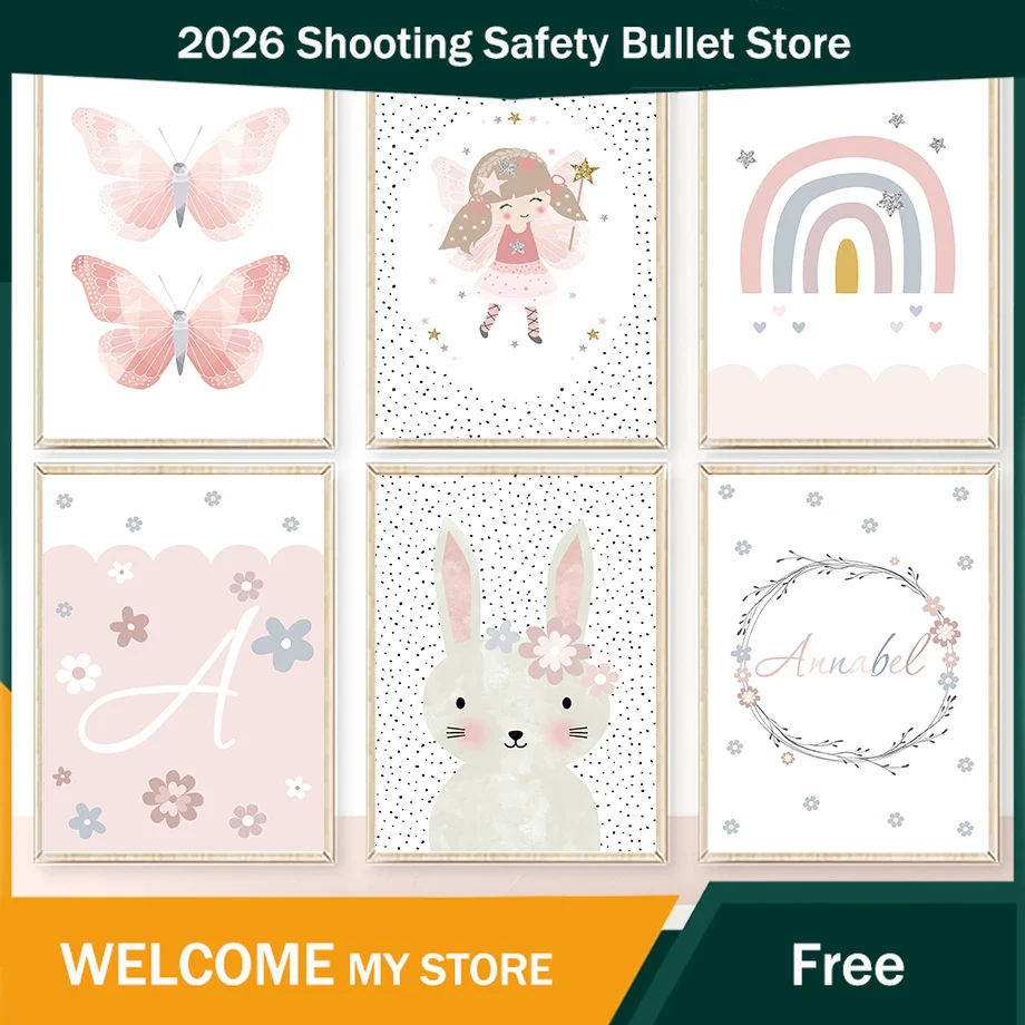 Baby Nursery Art - Niedliche Mädchen-Wandkunst mit Kaninchen, Blumen, Schmetterlingen