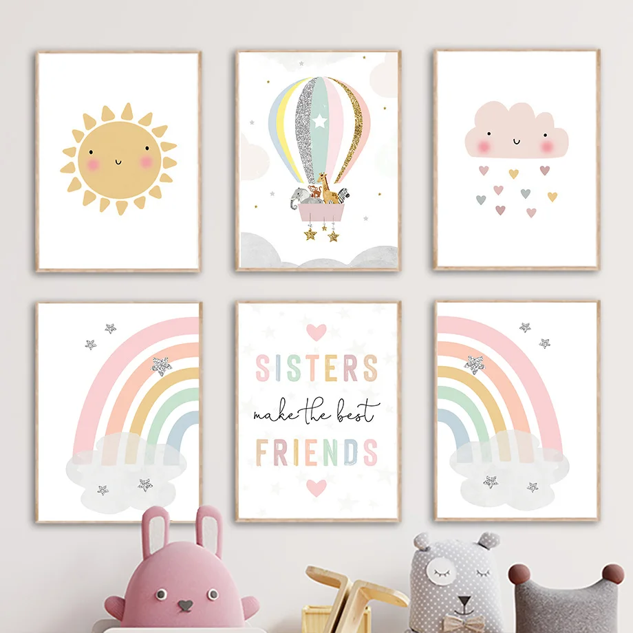 Baby Nursery Images - Giraffe Elefant Heißluftballon Sonne Regenbogen Kinderzimmer