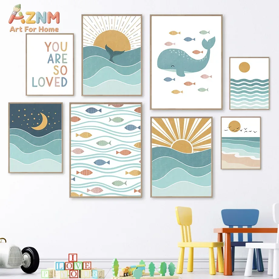 Baby Nursery Art - AZNM Boho Ozean Leinwand-Wandkunst Niedlicher Wal