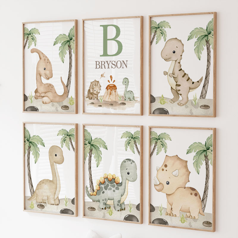 Baby Nursery Tree - 6 Arten neutrale Dinosaurier-Leinwandbilder, Aquarell-Palmen-Dschungel-Dino-Druck, Wanddekoration