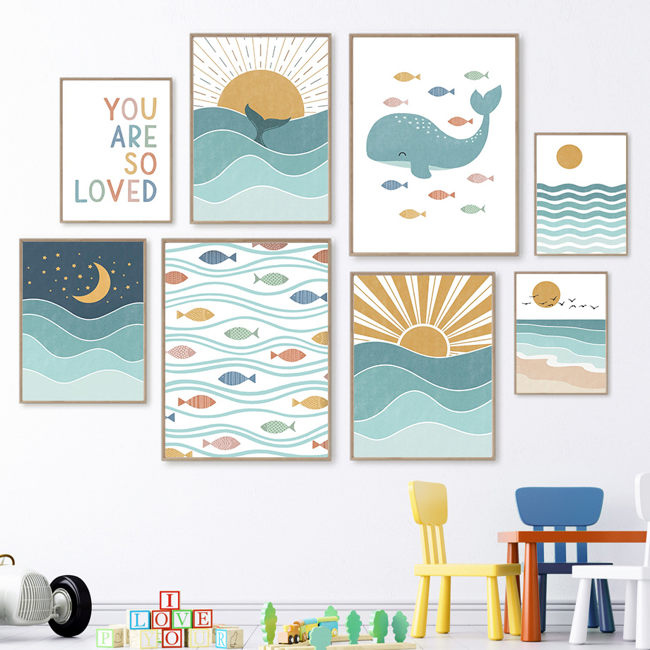 Baby Nursery Quotes - (2D-Leinwandgemälde) Fisch, Wal, Möwe, Sonnenaufgang, Sonnenuntergang,