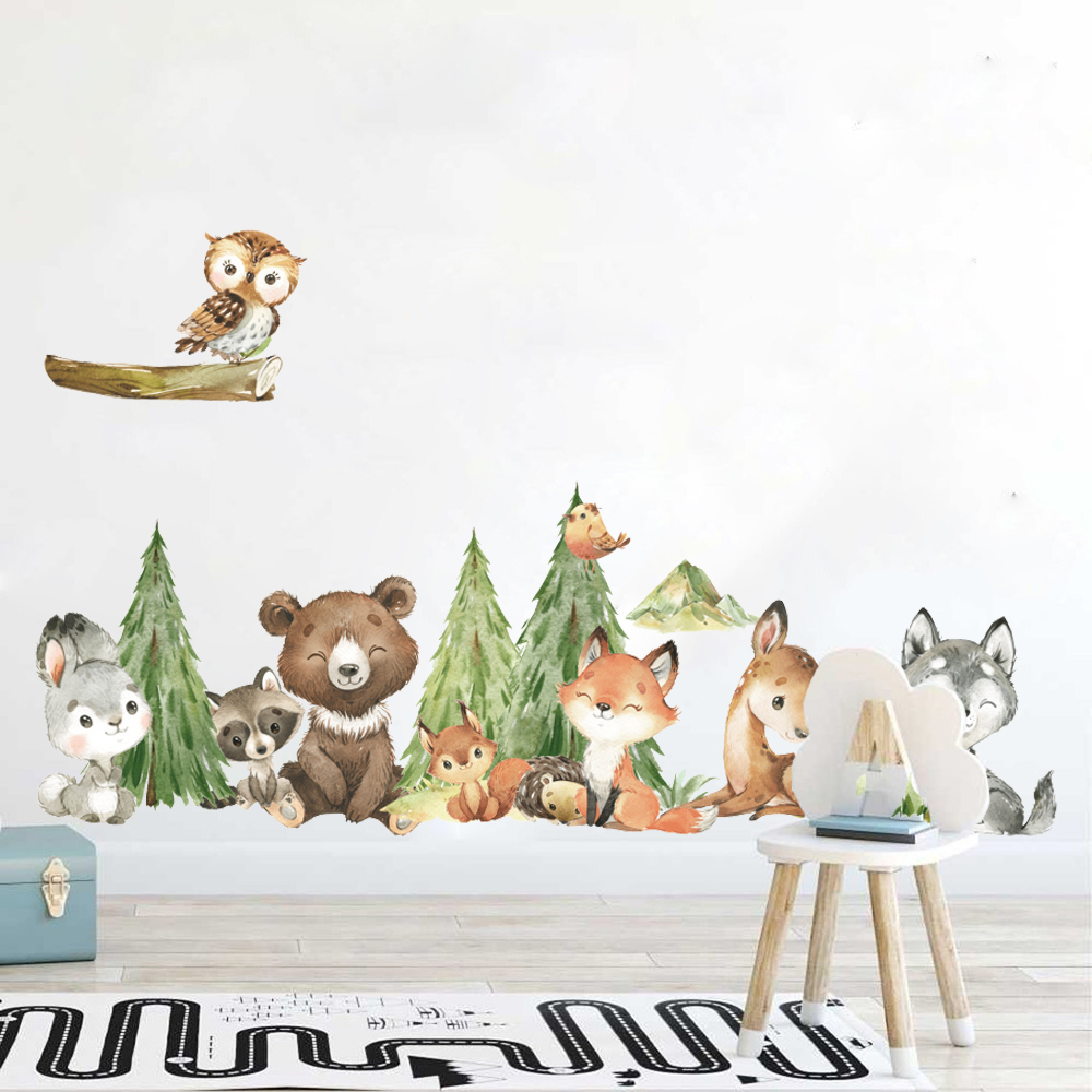 Baby Nursery Tree - Cartoon Aquarell Wald Tier Wandaufkleber Kinderzimmer