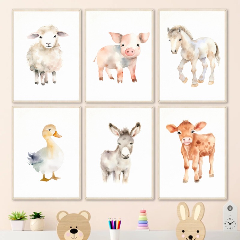 Baby Nursery Images - Aquarell Nutztiere Baby Pferd Enten Schaf
