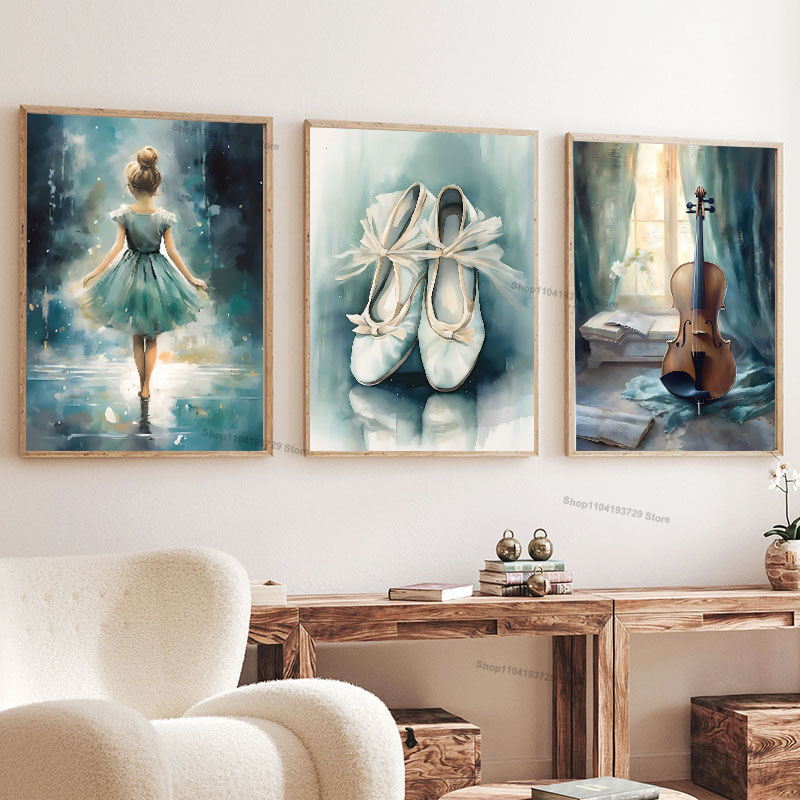 Baby Nursery Art - Aquarell Ballett-Mädchen Schuhe Cello Kinderzimmer Wandkunst
