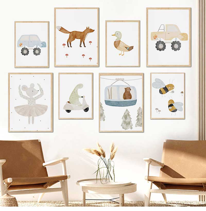 Baby Nursery Pictures - Cartoon Gans Biene Bär Ente Dinosaurier