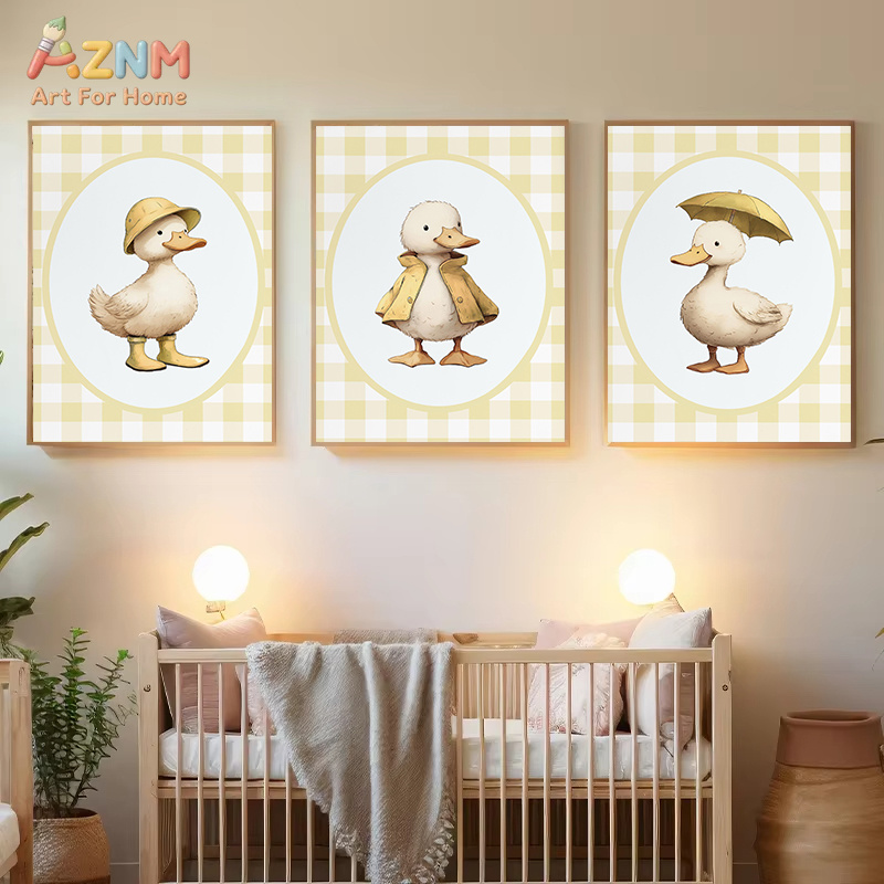 Baby Nursery Yellow Walls - AZNM Niedliche Enten-Leinwand-Wandkunst, gelber karierter Hintergrund,