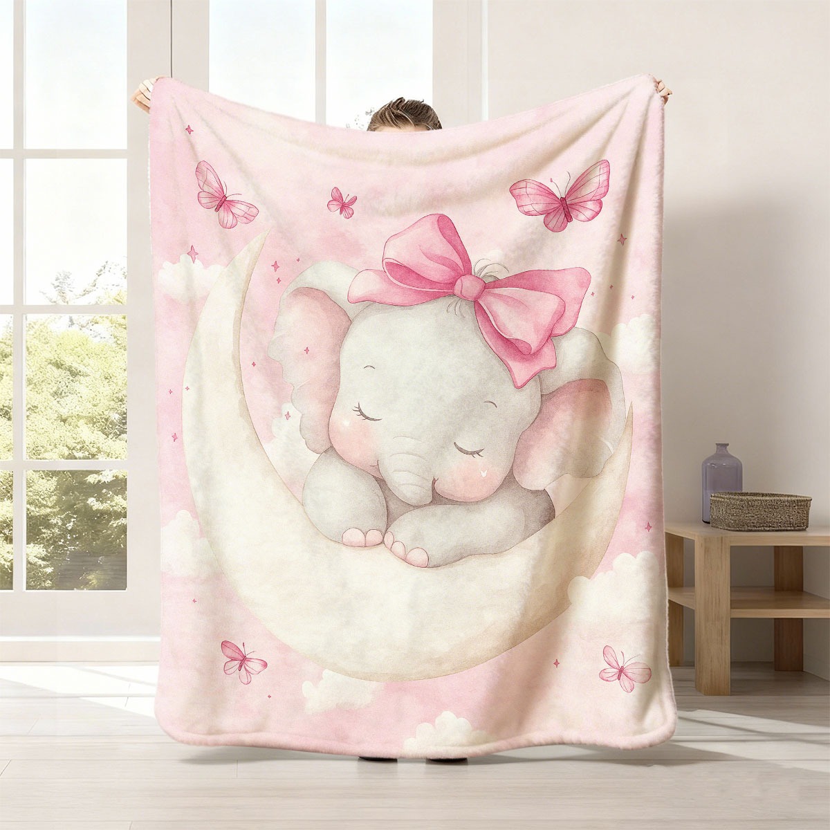 Baby Nursery In Hospital - Plüsch-Baby-Elefanten-Monddecke, Rosa Kinderzimmer-Deko, Kinder-Andenken-Geschenk, Fleece-Kuscheldecke für