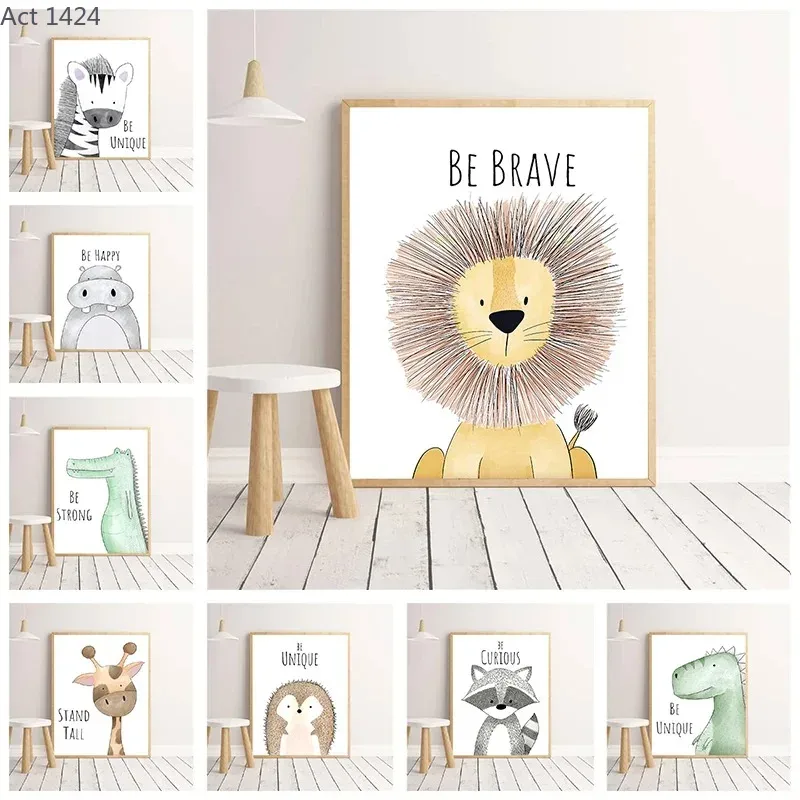 Baby Zebra Nursery - Cartoon-Tier Leinwandbild Wandkunst Poster Löwe Dinosaurier