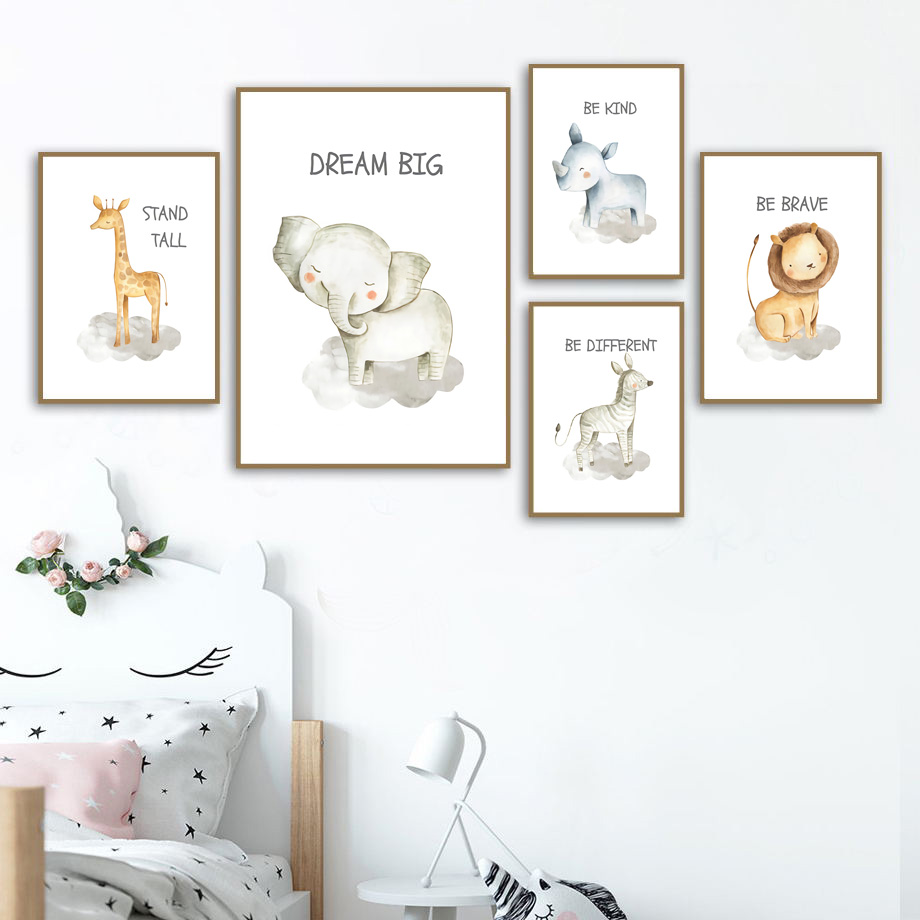 Baby Zebra Nursery - Kindergarten Wandkunst Leinwand Malerei Löwe Elefant