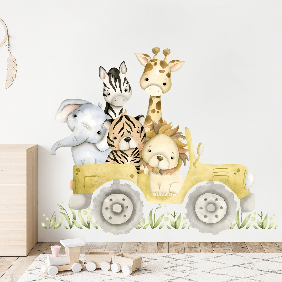 Baby Zebra Nursery - Niedliche Tiere Drive Jeep Wandaufkleber Cartoon