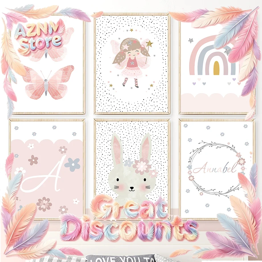 Baby Nursery Art - Niedliches Mädchen, Hase, Blume, Schmetterling, Regenbogen,