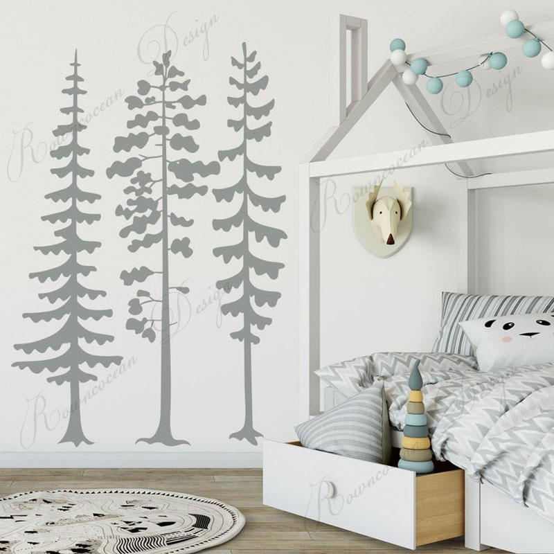 Baby Nursery Tree - Minimalistischer Wandaufkleber mit Waldkiefern, natürlicher Wald-Vinyl-Wandsticker