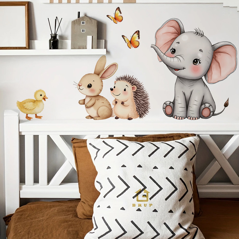 Baby Nursery Pictures - Cartoon-Tier-Wandaufkleber – Elefant, Hase, Igel, Kinderzimmer-Aufkleber,