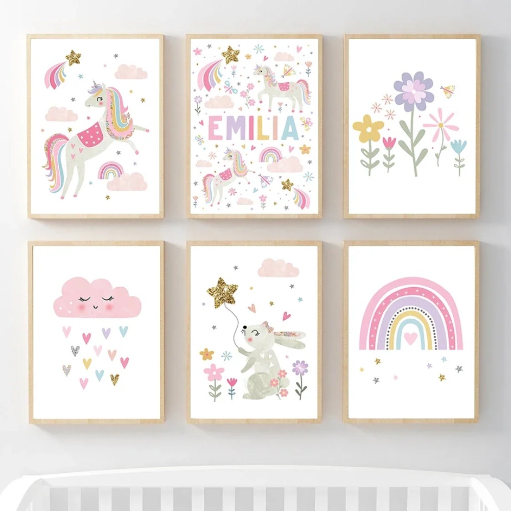 Baby Nursery Art - Rosa Einhorn Kaninchen Regenbogen Wolke Blume