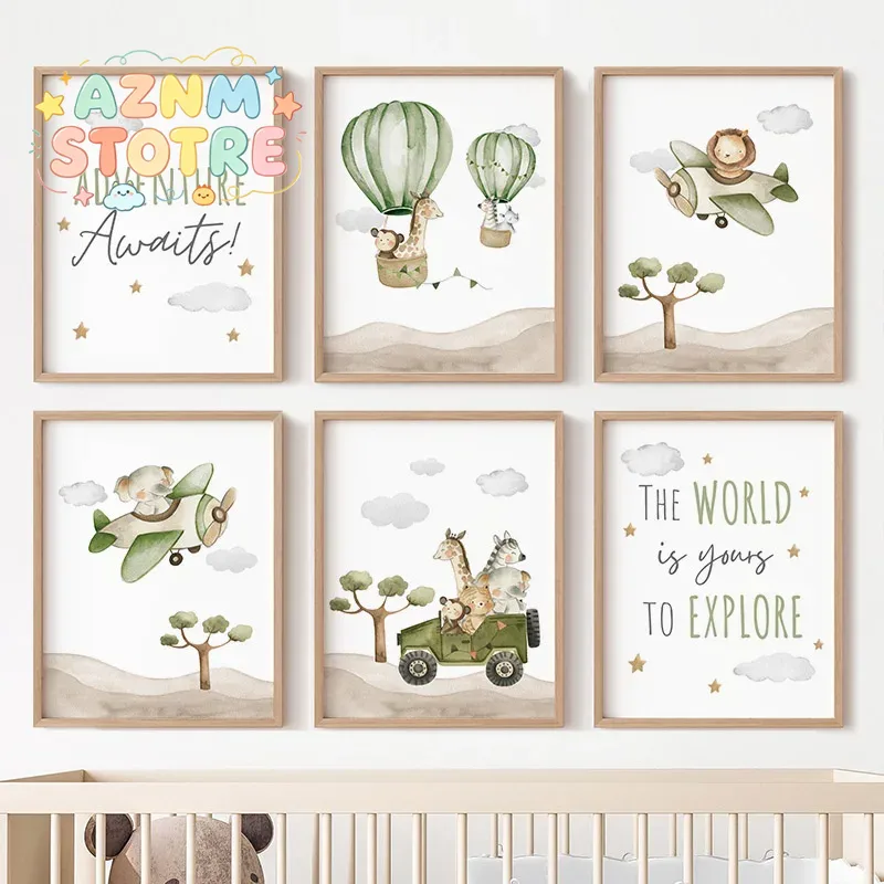 Baby Nursery Art - Heißluftballon-Tierposter Leinwandgemälde Elefant Löwe Giraffe Affe