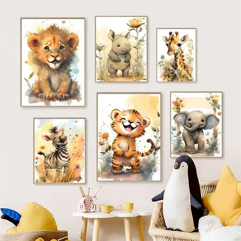Baby Zebra Nursery - Aquarell Löwe Giraffe Tiger Elefant Zebra
