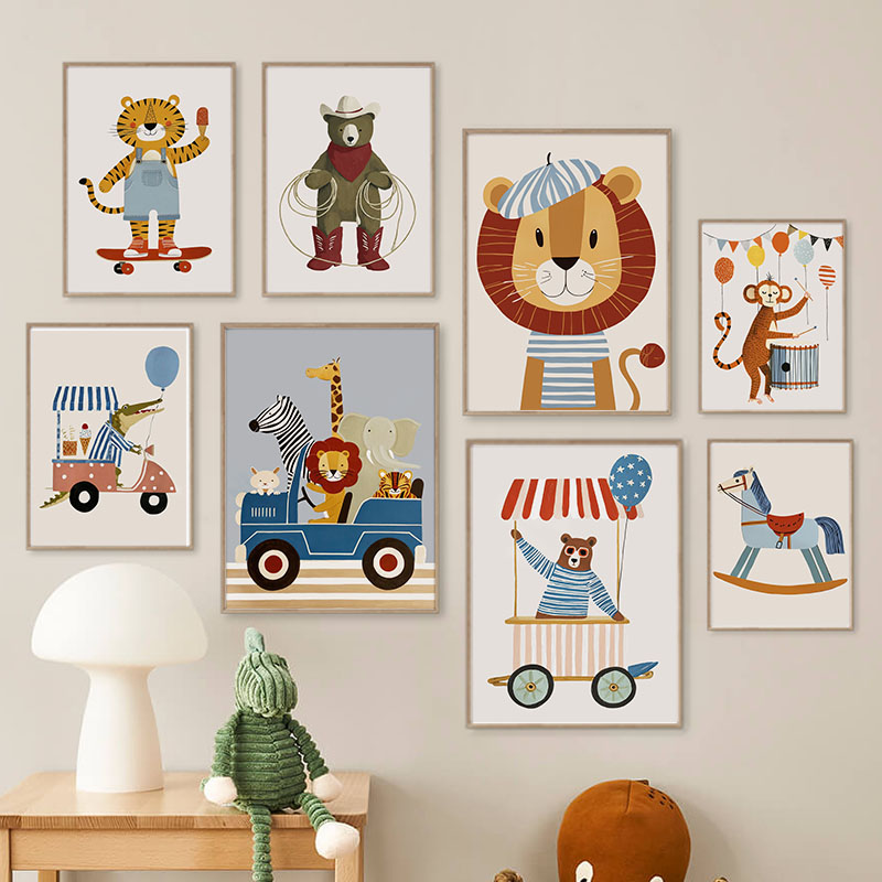 Baby Nursery Art - Lustige Cartoon-Tier Auto Ballon Kinderzimmer Wandkunst