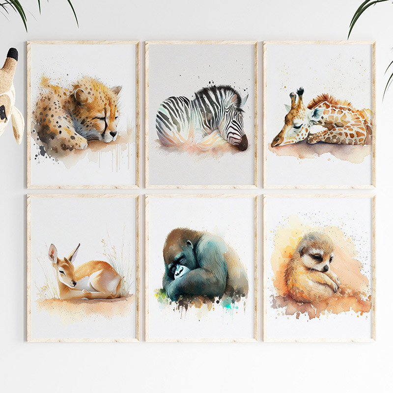 Baby Zebra Nursery - Aquarell Schlafende Safari-Tiere Wandkunst Poster Gepard