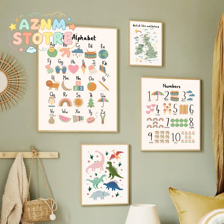 Baby Nursery Art - Tierweltkarte Dinosaurier Alphabet Zahlen Leinwand Wandkunst
