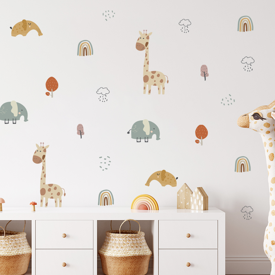 Baby Nursery Tree - Cartoon Giraffe Elefant Tier Wandaufkleber Regenbogen