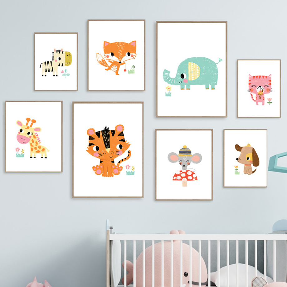 Baby Zoo Nursery - Cartoon Baby Tier Kinderzimmer Wandkunst Drucke