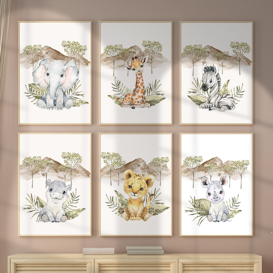 Baby Nursery Tree - Giraffe, Zebra, Elefant, Löwe, Nilpferd, Baum,