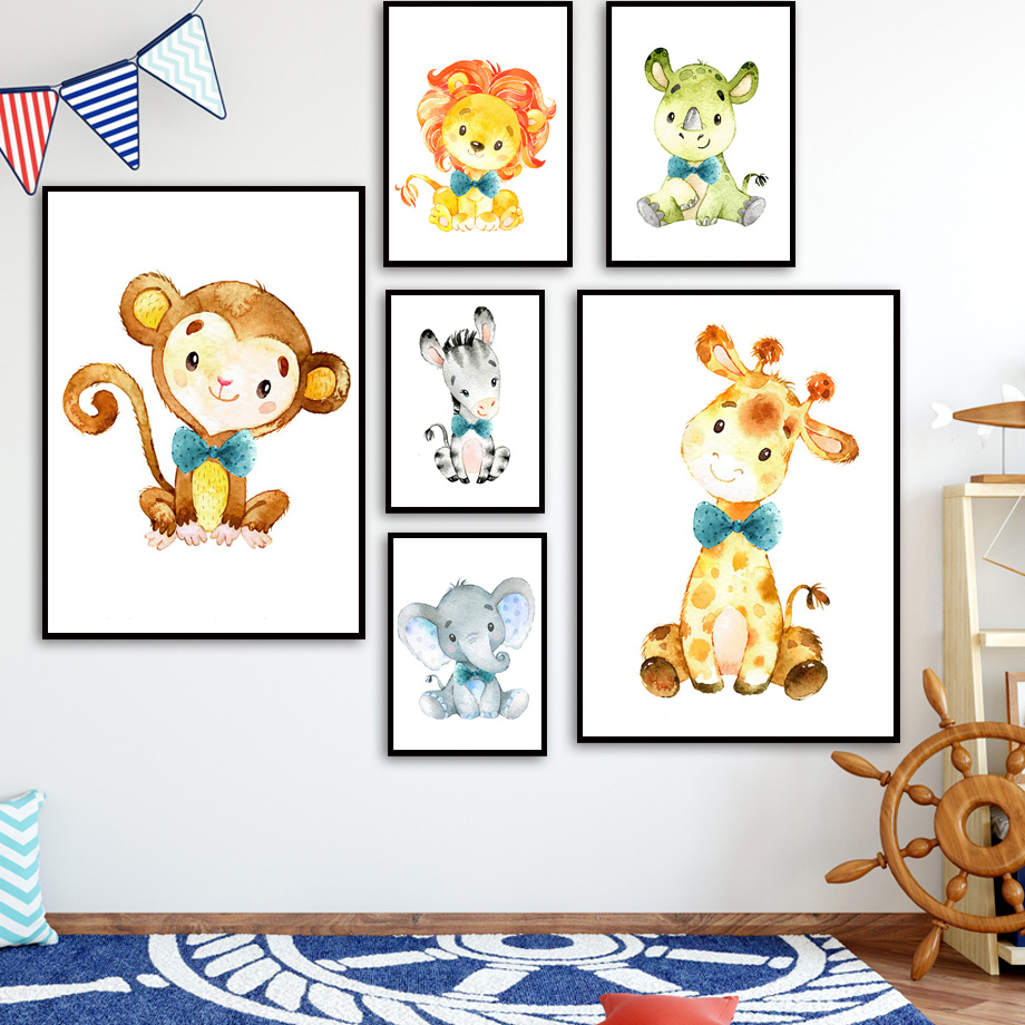 Baby Zebra Nursery - Wandkunst Leinwand Malerei Cartoon Löwe Elefant