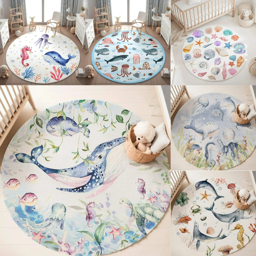 Baby Nursery Rug - Blauer runder Teppich mit Meerestieren für