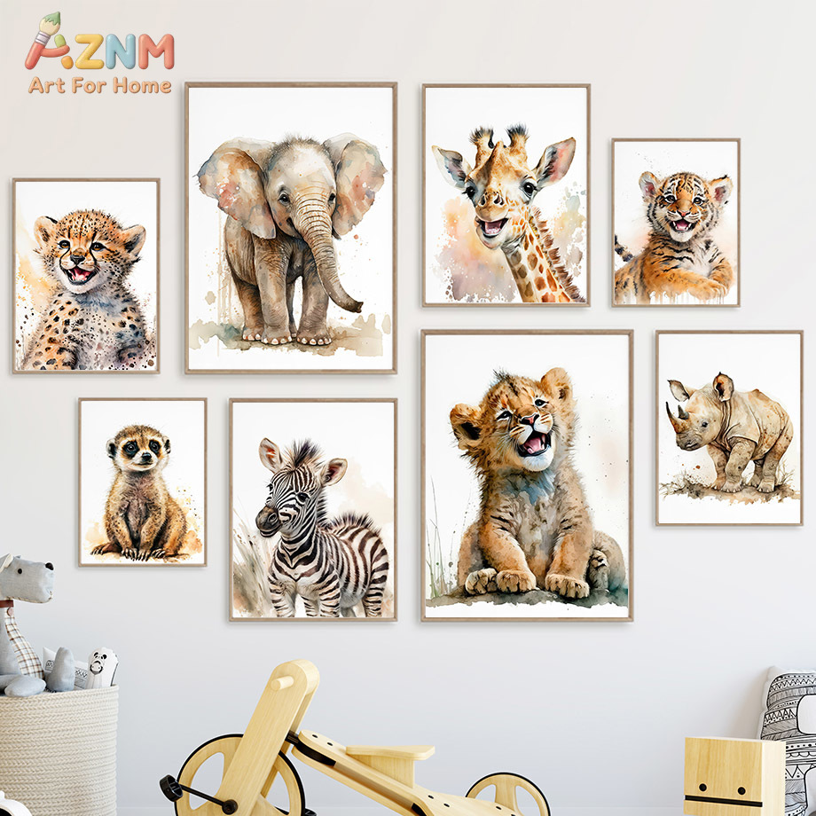 Baby Zebra Nursery - AZNm Aquarell-Safari-Babytiere Leinwand-Wandkunst, Rahmenloser Kinderzimmer-Dekor-Druck mit