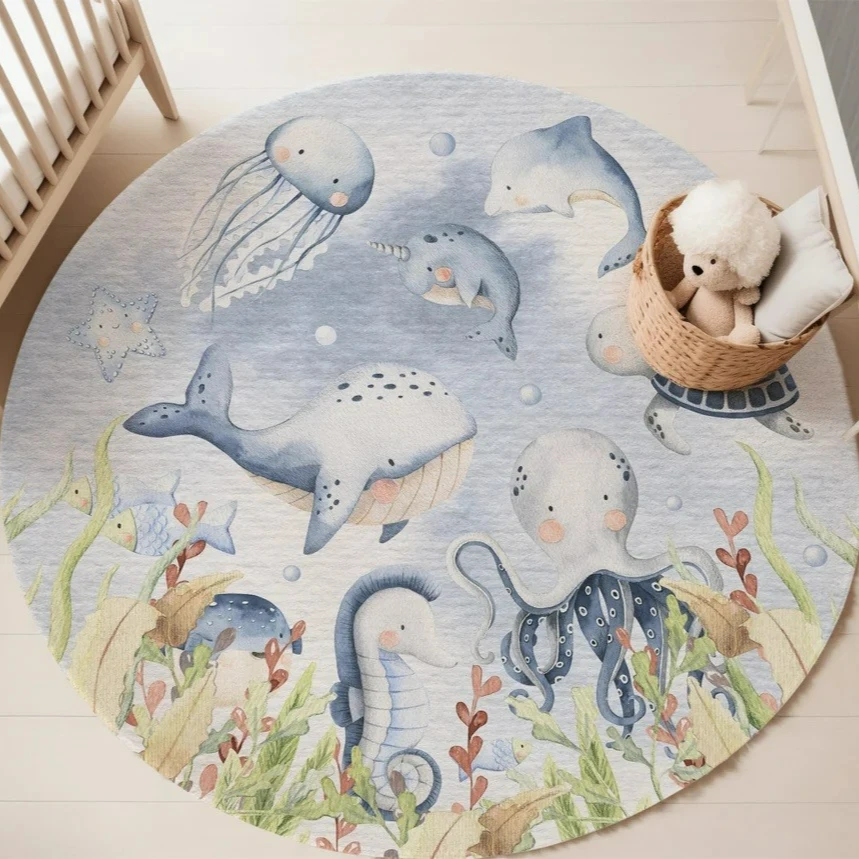 Blauer runder Teppich mit Meer – Baby Nursery Rug Bewertung und Preis